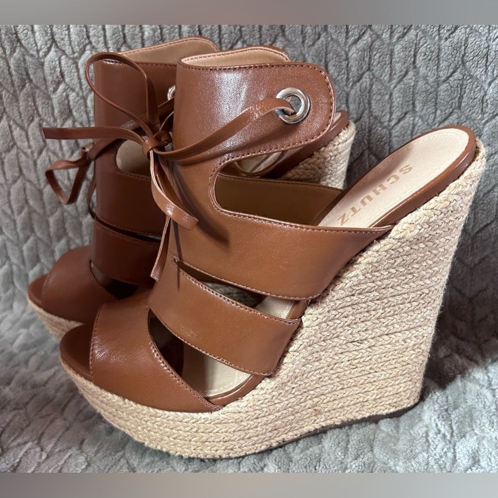 SCHUTZ Brown Leather Espadrille Wedge Sandals